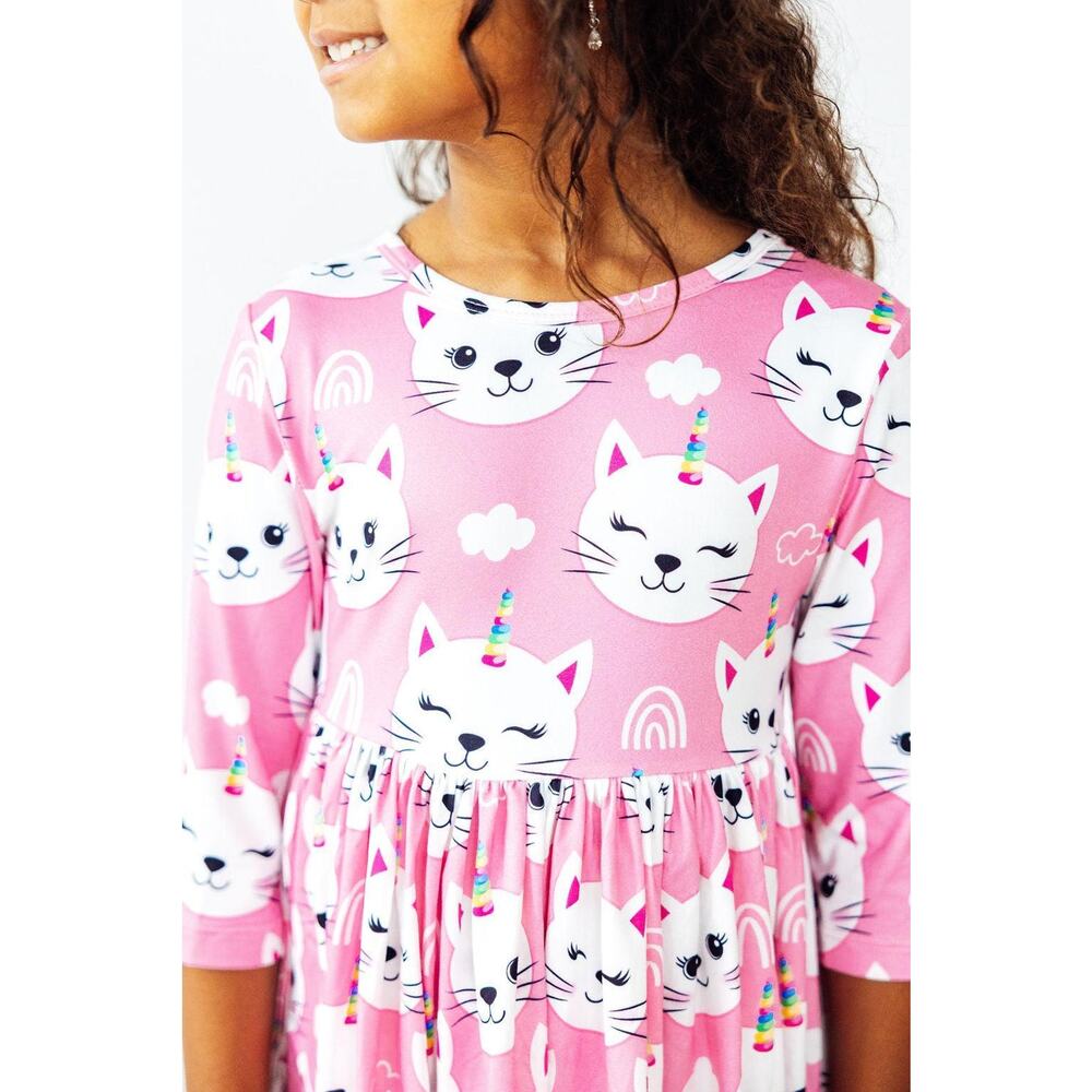 Unicorn Kitties 3/4 Sleeve Pocket Twirl Dress